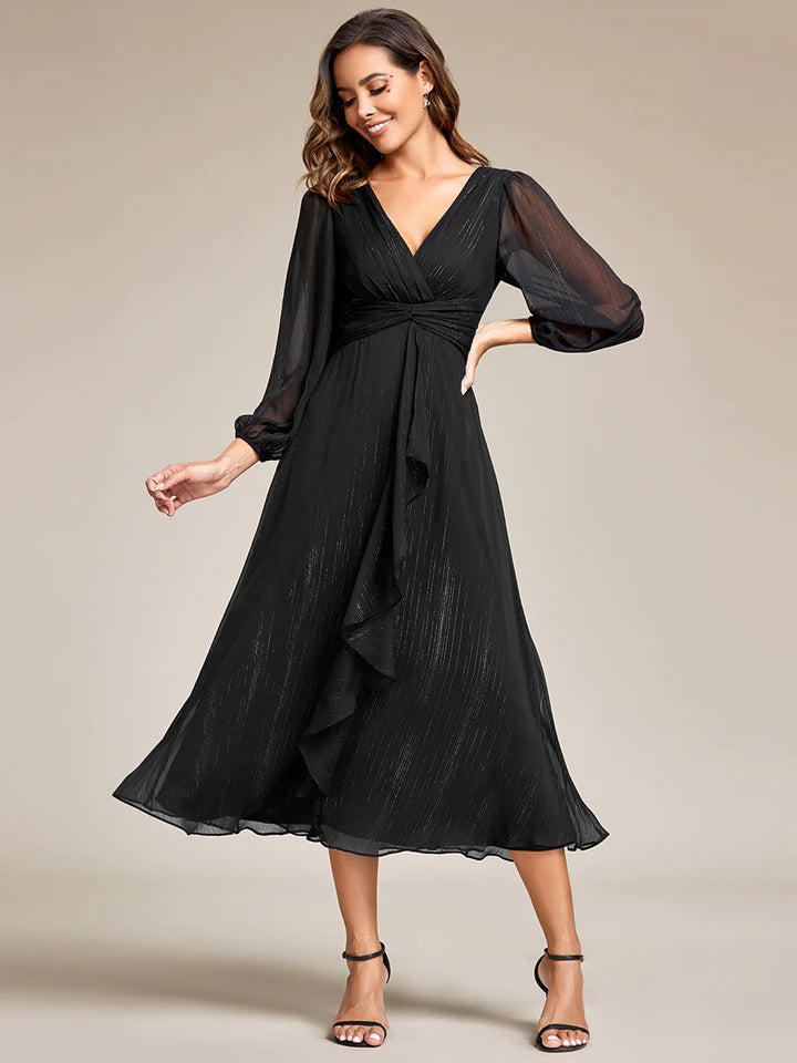 Shiny Chiffon Wedding Guest Evening Dresses with Long Sleeve - CALABRO®