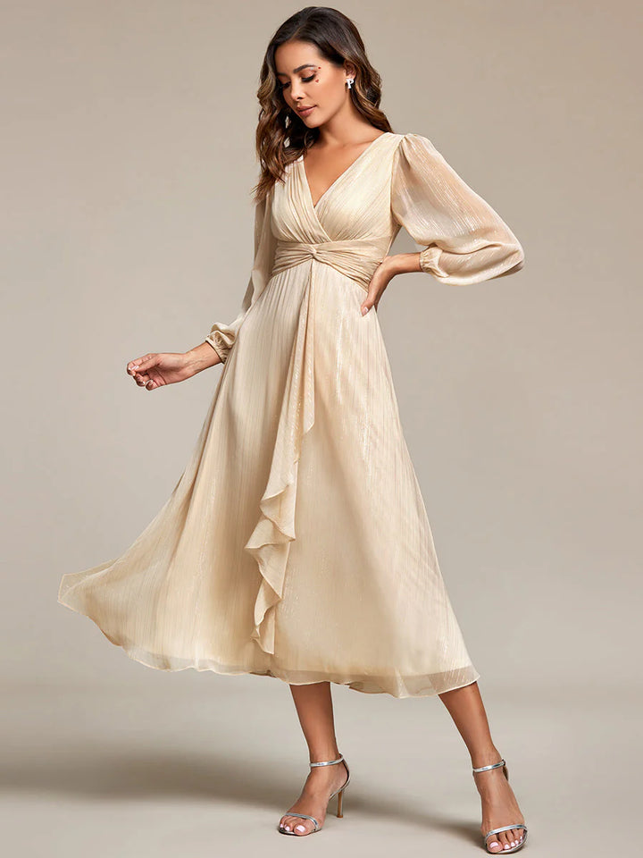 Shiny Chiffon Wedding Guest Evening Dresses with Long Sleeve - CALABRO®