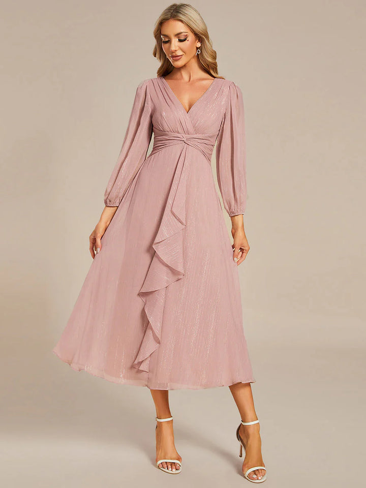 Shiny Chiffon Wedding Guest Evening Dresses with Long Sleeve - CALABRO®