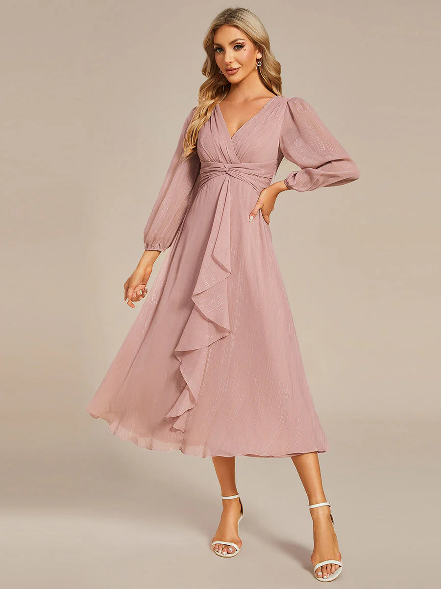 Shiny Chiffon Wedding Guest Evening Dresses with Long Sleeve - CALABRO®