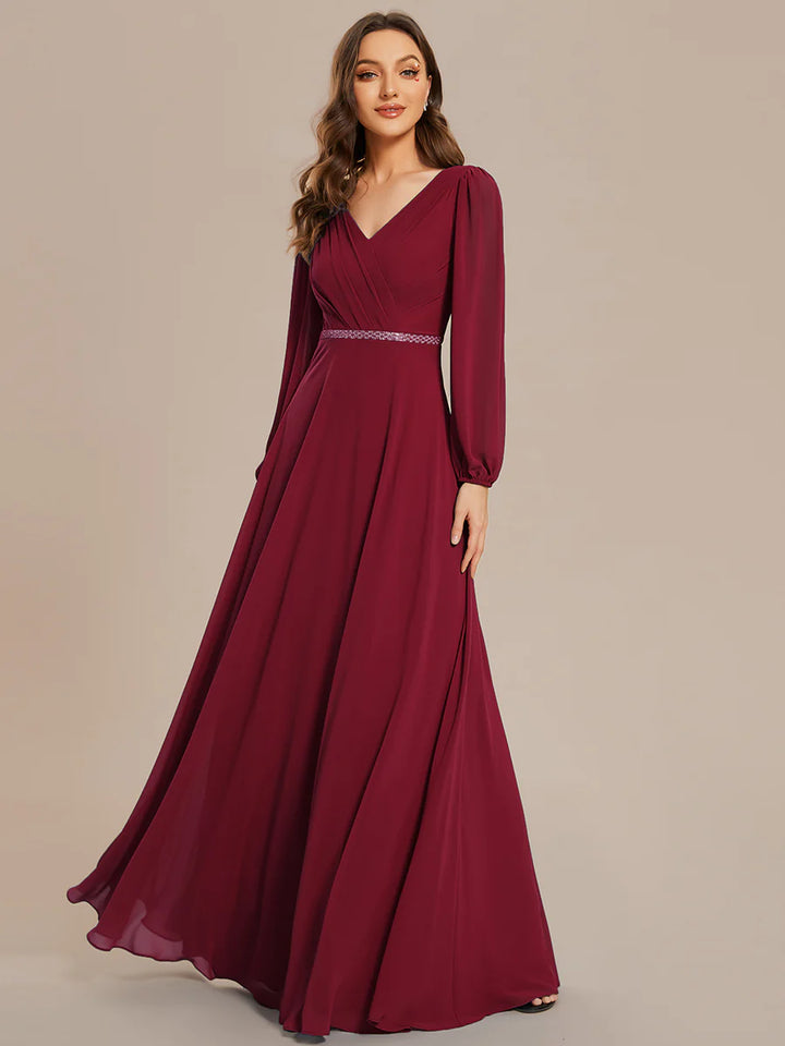 Elegant Waisted Chiffon V-neck Long Sleeve Bridesmaid Dress - CALABRO®