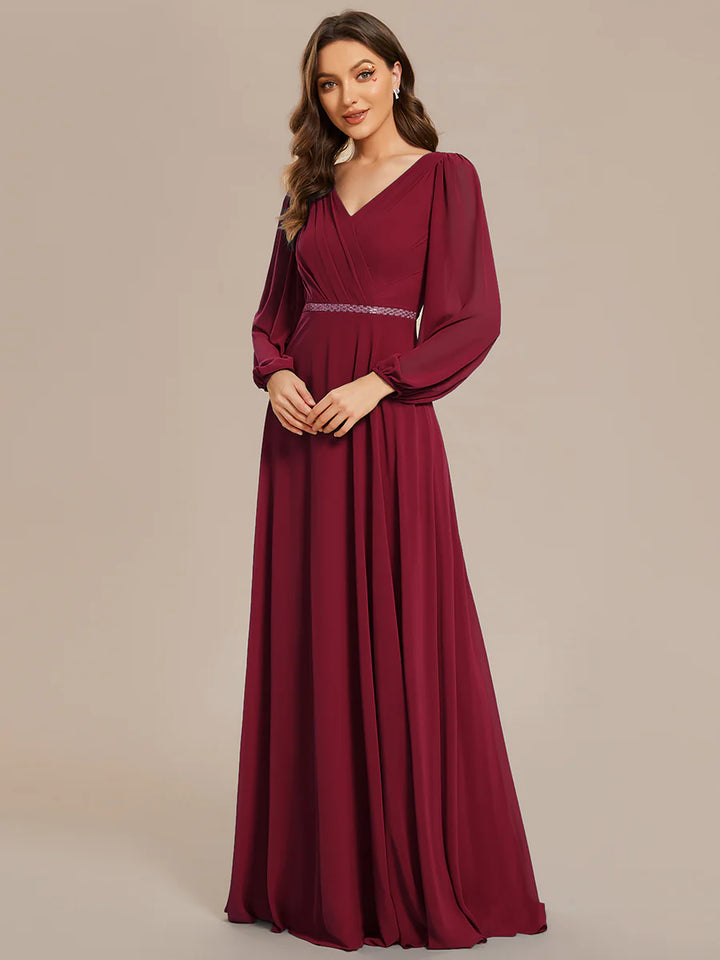 Elegant Waisted Chiffon V-neck Long Sleeve Bridesmaid Dress - CALABRO®