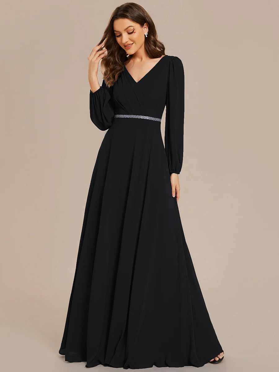 Elegant Waisted Chiffon V-neck Long Sleeve Bridesmaid Dress - CALABRO®