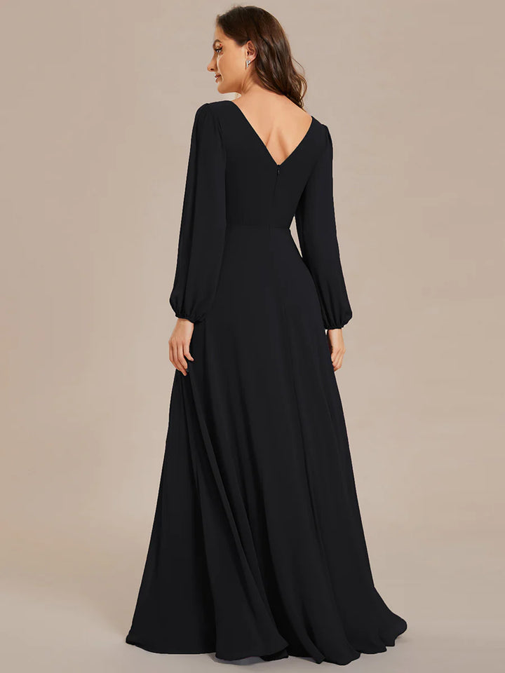 Elegant Waisted Chiffon V-neck Long Sleeve Bridesmaid Dress - CALABRO®