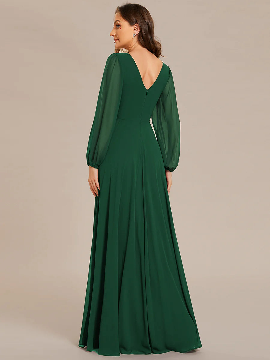 Elegant Waisted Chiffon V-neck Long Sleeve Bridesmaid Dress - CALABRO®