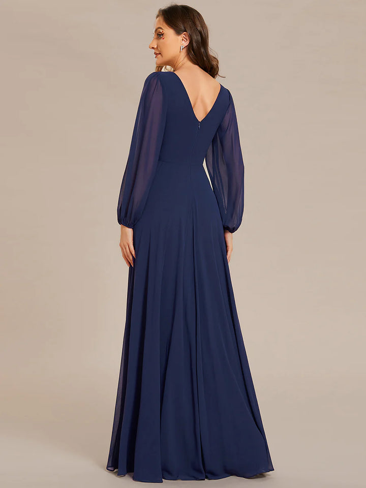 Elegant Waisted Chiffon V-neck Long Sleeve Bridesmaid Dress - CALABRO®