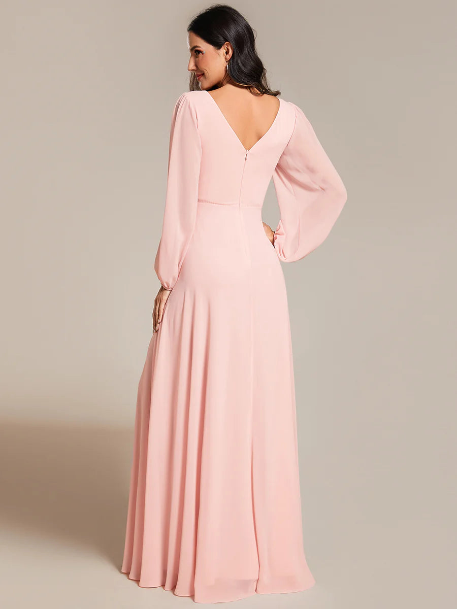 Elegant Waisted Chiffon V-neck Long Sleeve Bridesmaid Dress - CALABRO®