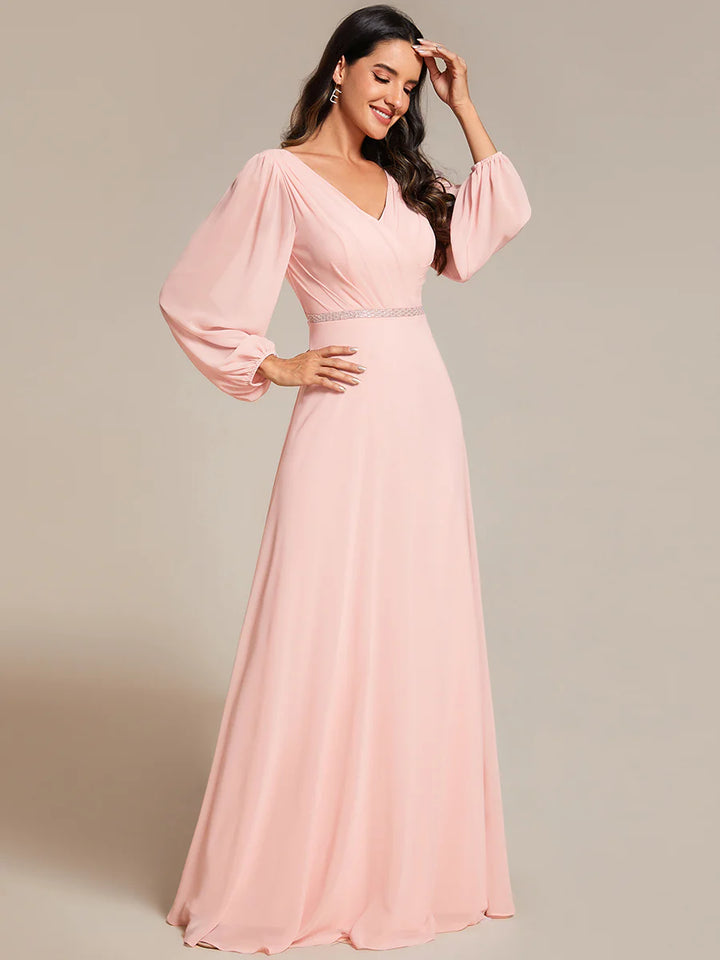 Elegant Waisted Chiffon V-neck Long Sleeve Bridesmaid Dress - CALABRO®