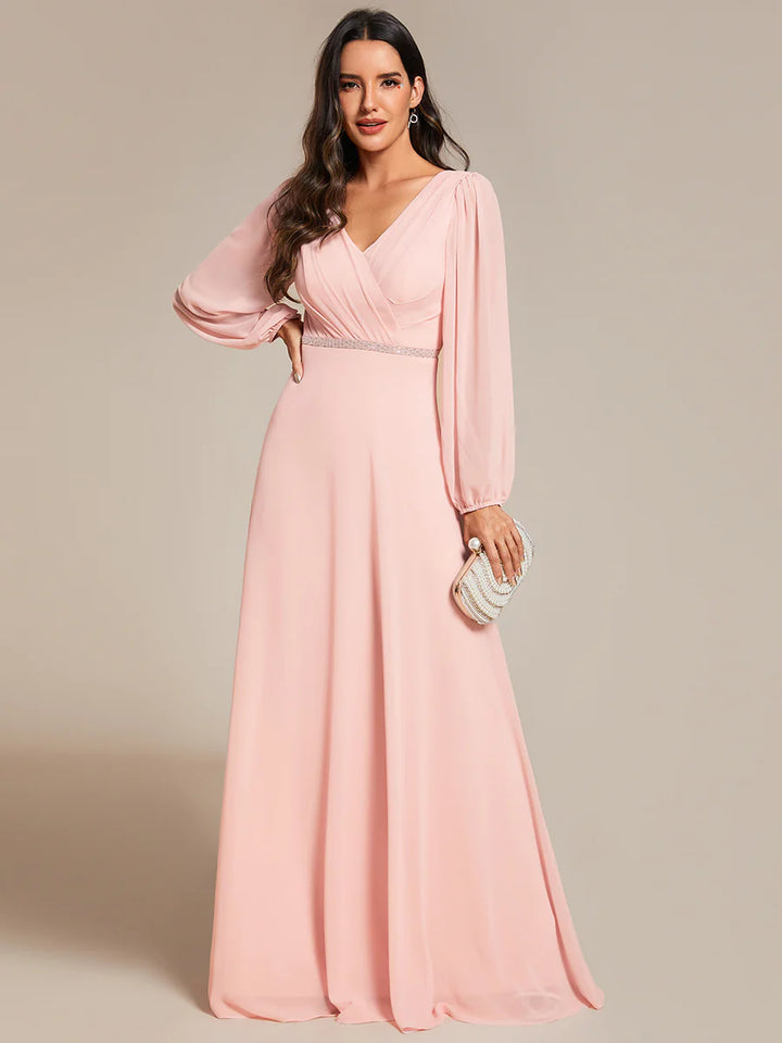 Elegant Waisted Chiffon V-neck Long Sleeve Bridesmaid Dress - CALABRO®