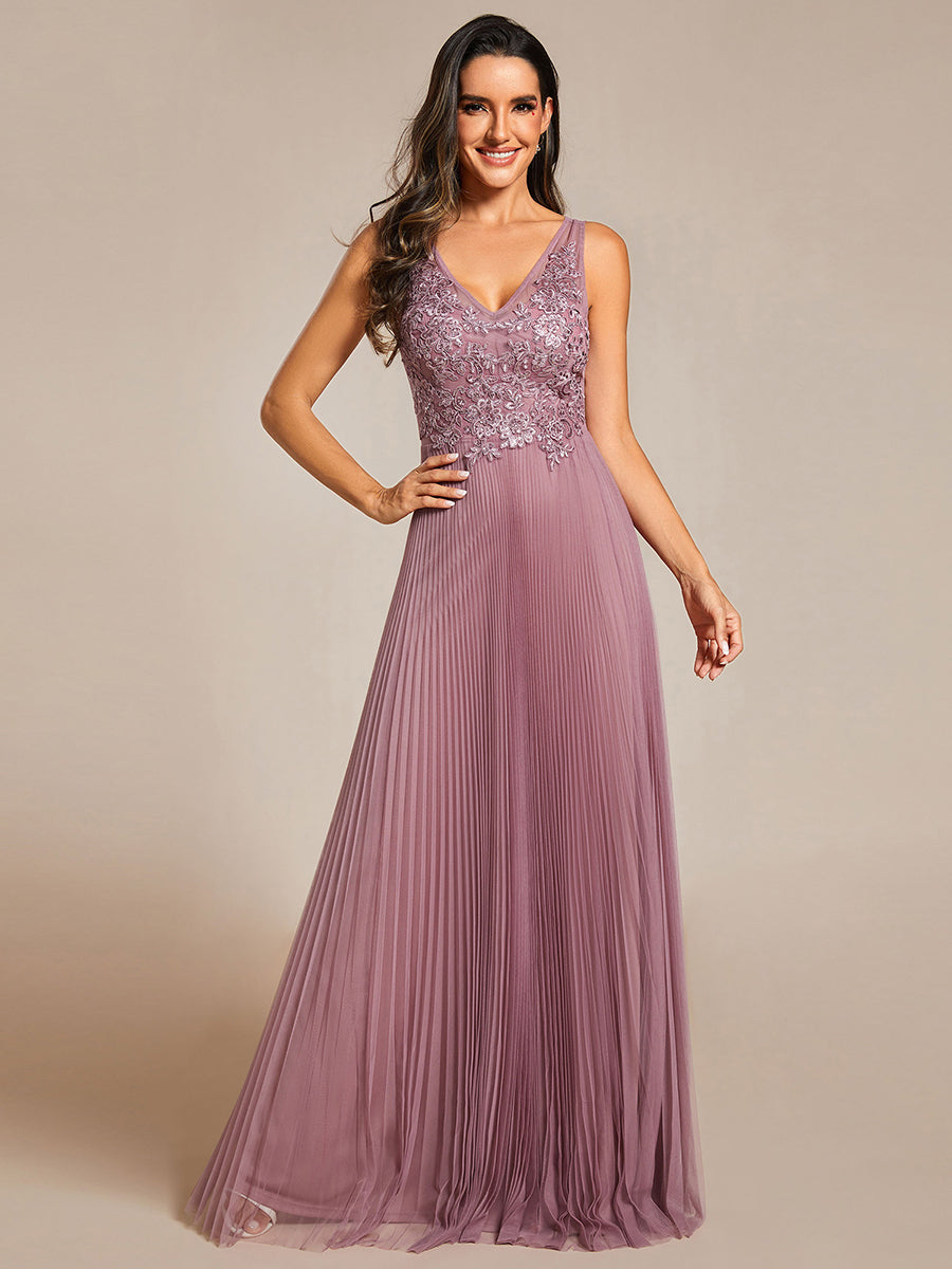 Elegant Appliques Chiffon A-Line Floor Length V Neck Sleeveless Evening Dress - CALABRO®