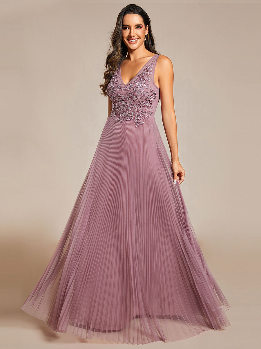 Elegant Appliques Chiffon A-Line Floor Length V Neck Sleeveless Evening Dress - CALABRO®