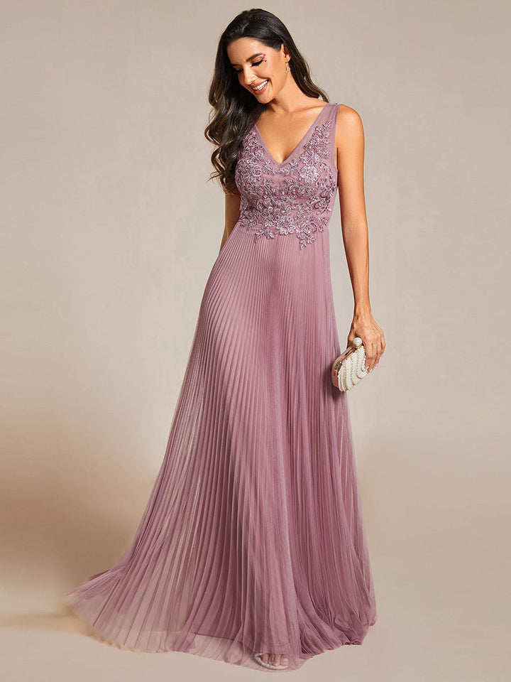 Elegant Appliques Chiffon A-Line Floor Length V Neck Sleeveless Evening Dress - CALABRO®