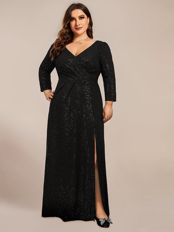 ExquisitePlus Size Split Floor Length V Neck Long Sleeves Evening Dress - CALABRO®