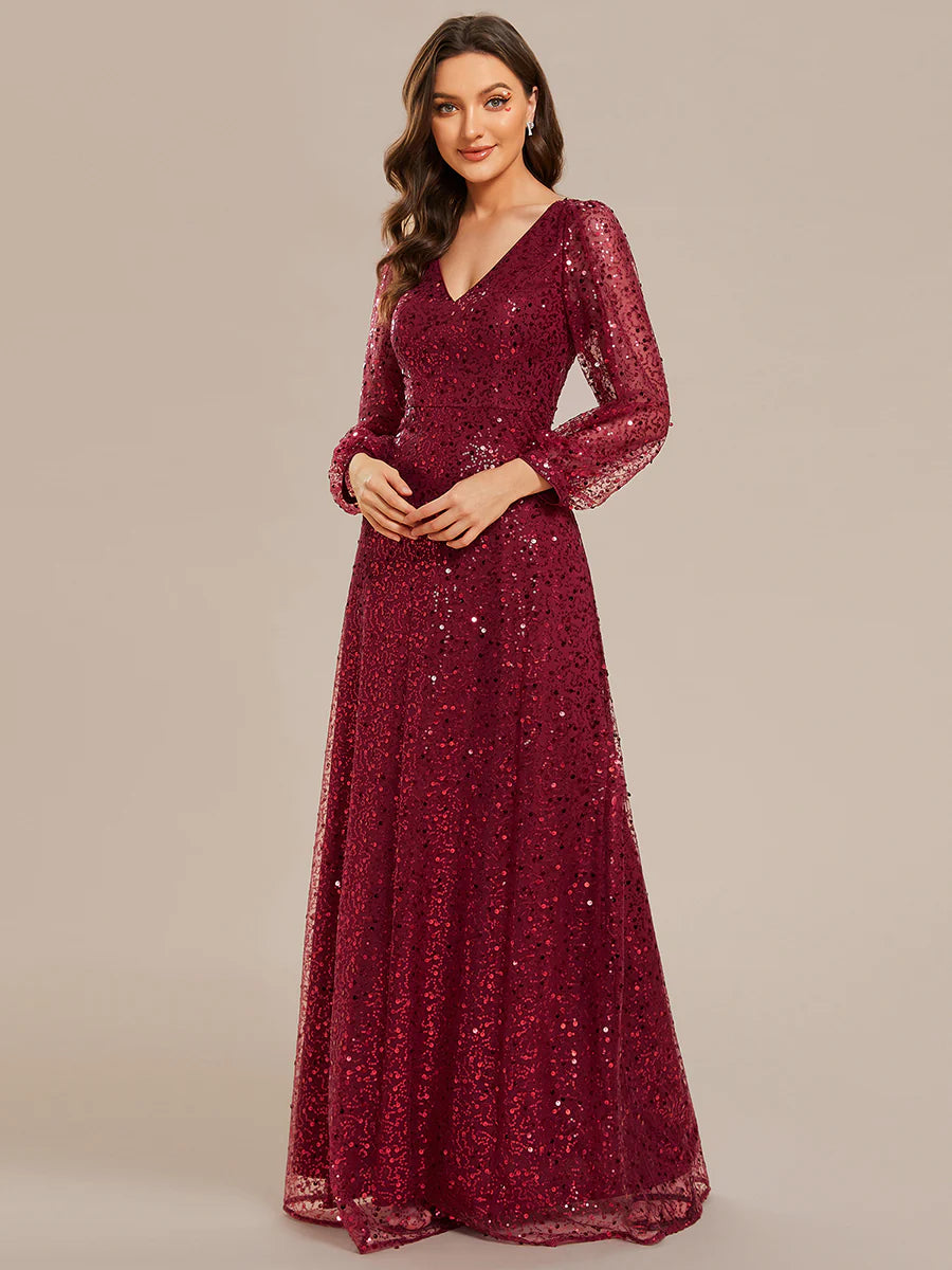 Elegant waisted chiffon V-neck long sleeve evening dress - CALABRO®