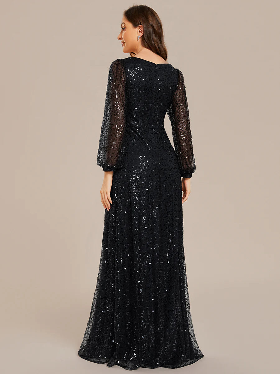 Elegant waisted chiffon V-neck long sleeve evening dress - CALABRO®