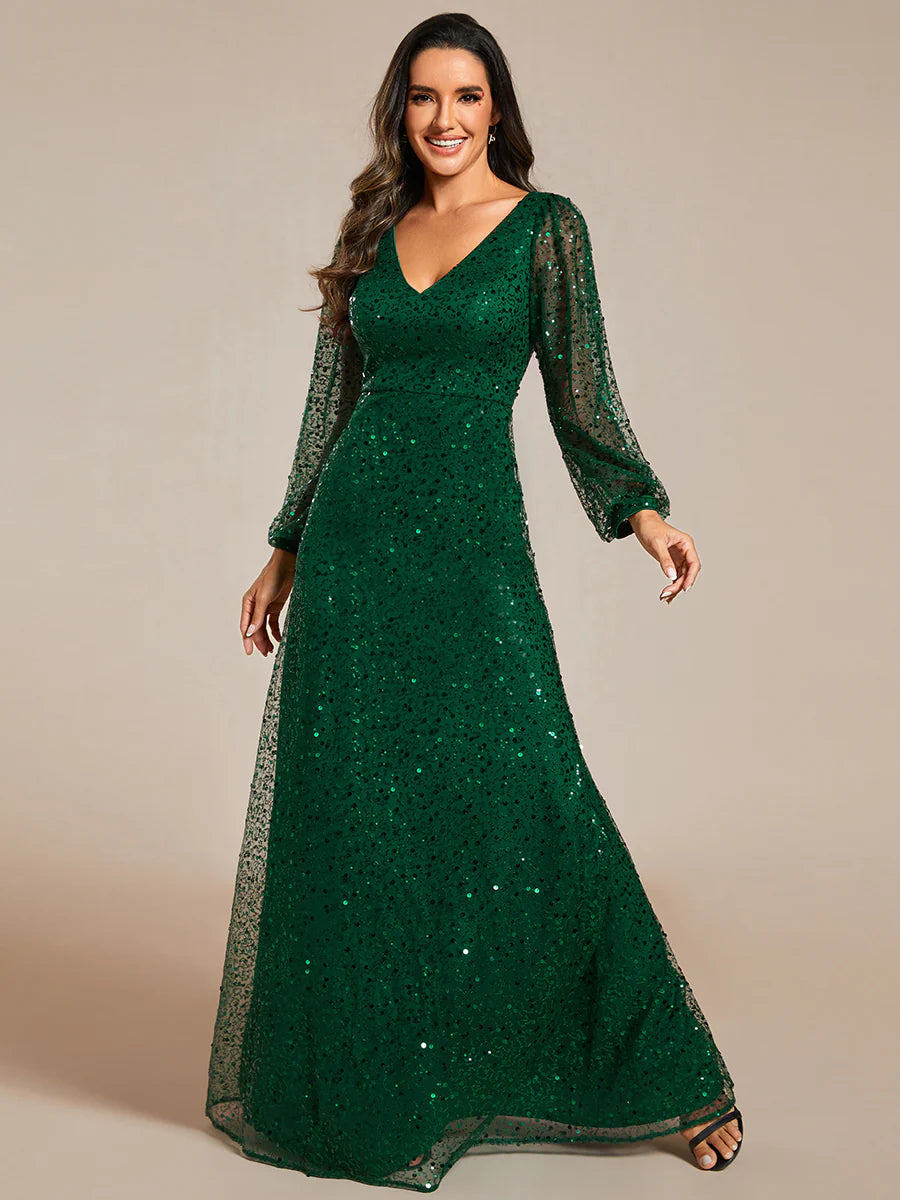 Elegant waisted chiffon V-neck long sleeve evening dress - CALABRO®