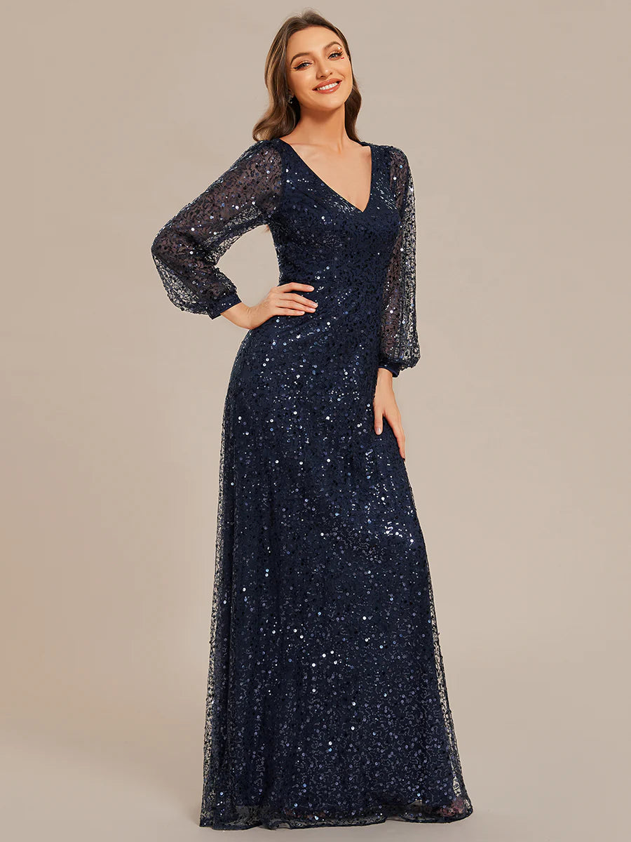 Elegant waisted chiffon V-neck long sleeve evening dress - CALABRO®