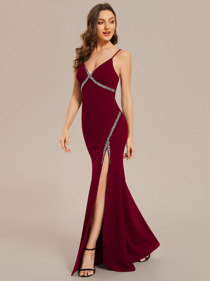 V Neck Side Split Fishtail Shiny Evening Dresses - CALABRO®