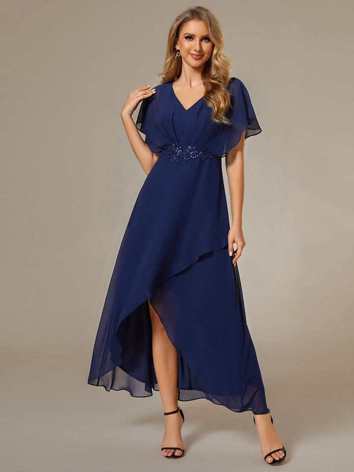 Chiffon Appliques High-low Evening Dress with Short Sleeves - CALABRO®