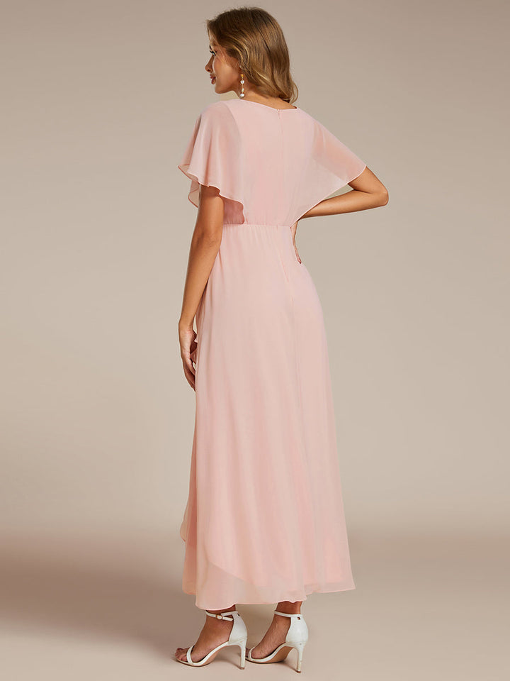 Chiffon Appliques High-low Evening Dress with Short Sleeves - CALABRO®