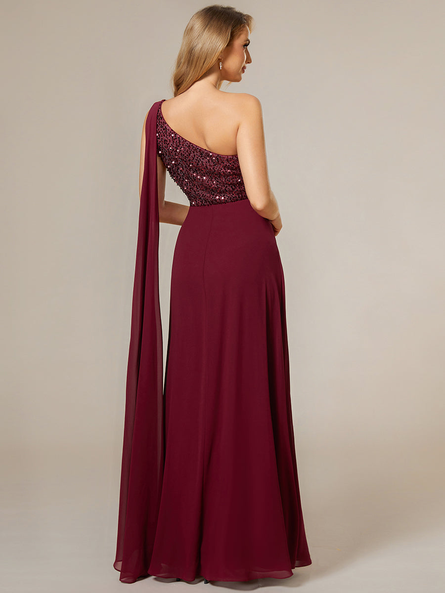 A-Line Shiny Sequin Chiffon Bodice One Shoulder Sleeveless Evening Dress - CALABRO®