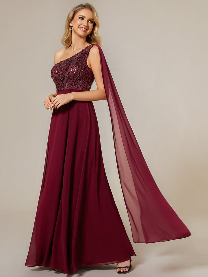 A-Line Shiny Sequin Chiffon Bodice One Shoulder Sleeveless Evening Dress - CALABRO®