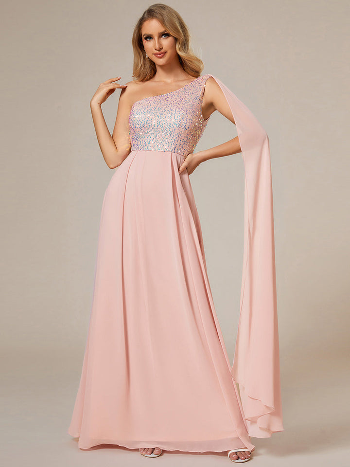 A-Line Shiny Sequin Chiffon Bodice One Shoulder Sleeveless Evening Dress - CALABRO®