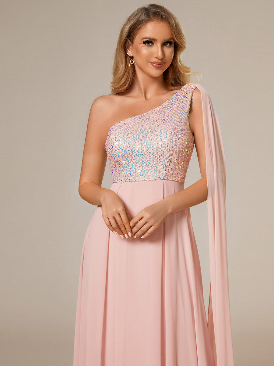 A-Line Shiny Sequin Chiffon Bodice One Shoulder Sleeveless Evening Dress - CALABRO®