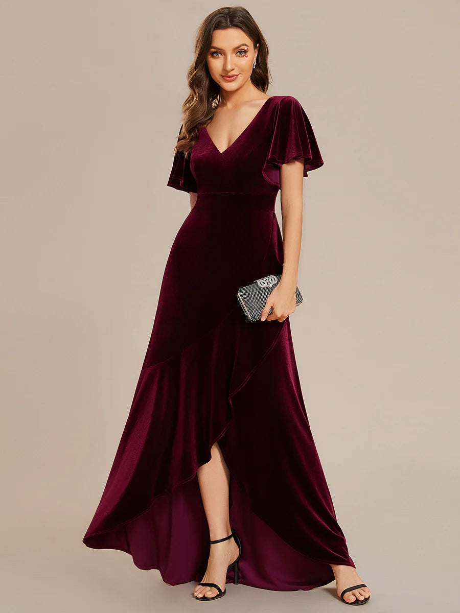 Lotus Leaf Ruffles High-low V Neck Evening Dress with Short Sleeves - CALABRO®