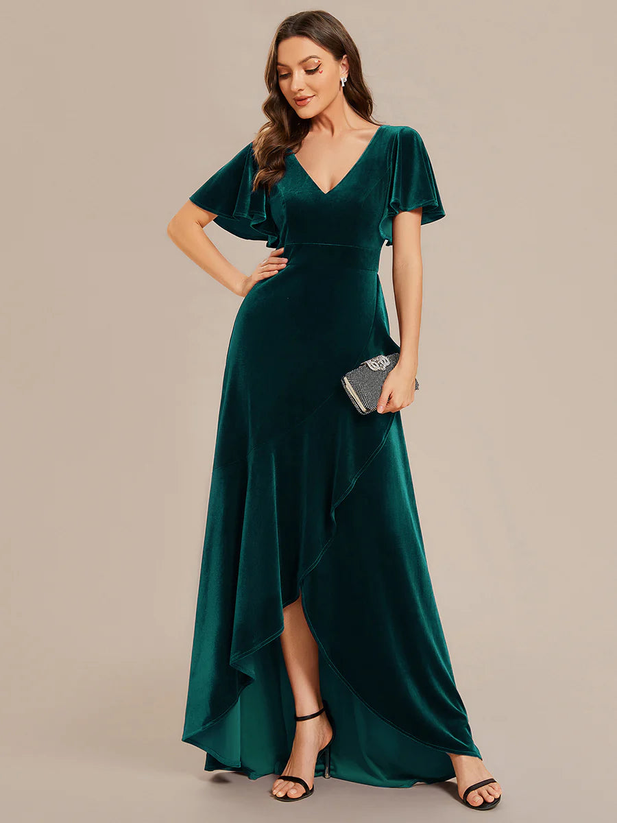 Lotus Leaf Ruffles High-low V Neck Evening Dress with Short Sleeves - CALABRO®