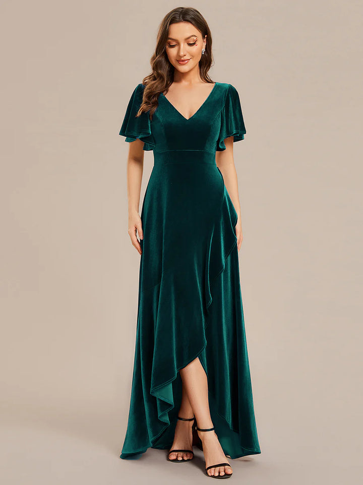 Lotus Leaf Ruffles High-low V Neck Evening Dress with Short Sleeves - CALABRO®