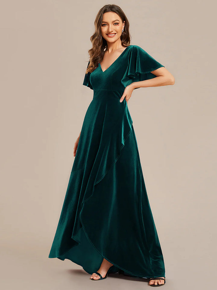 Lotus Leaf Ruffles High-low V Neck Evening Dress with Short Sleeves - CALABRO®