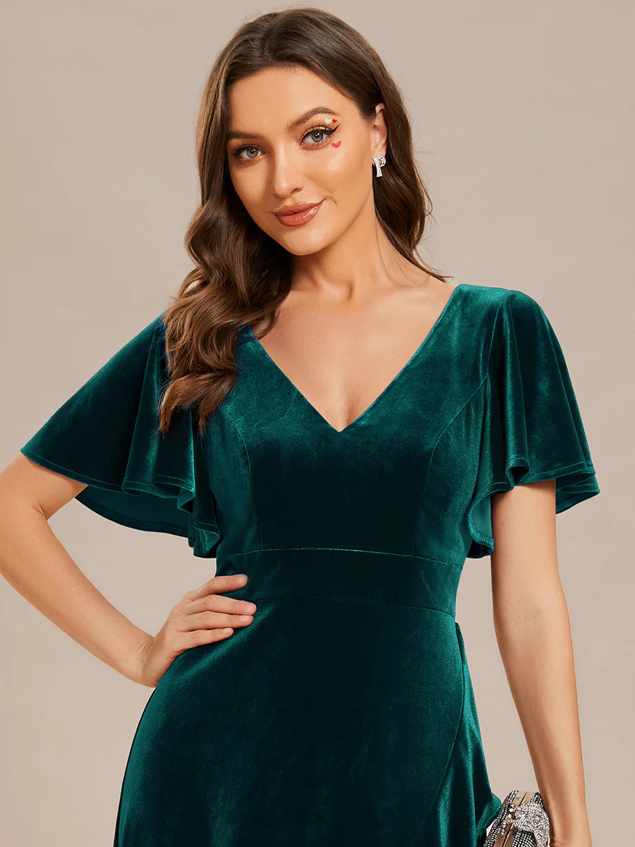 Lotus Leaf Ruffles High-low V Neck Evening Dress with Short Sleeves - CALABRO®