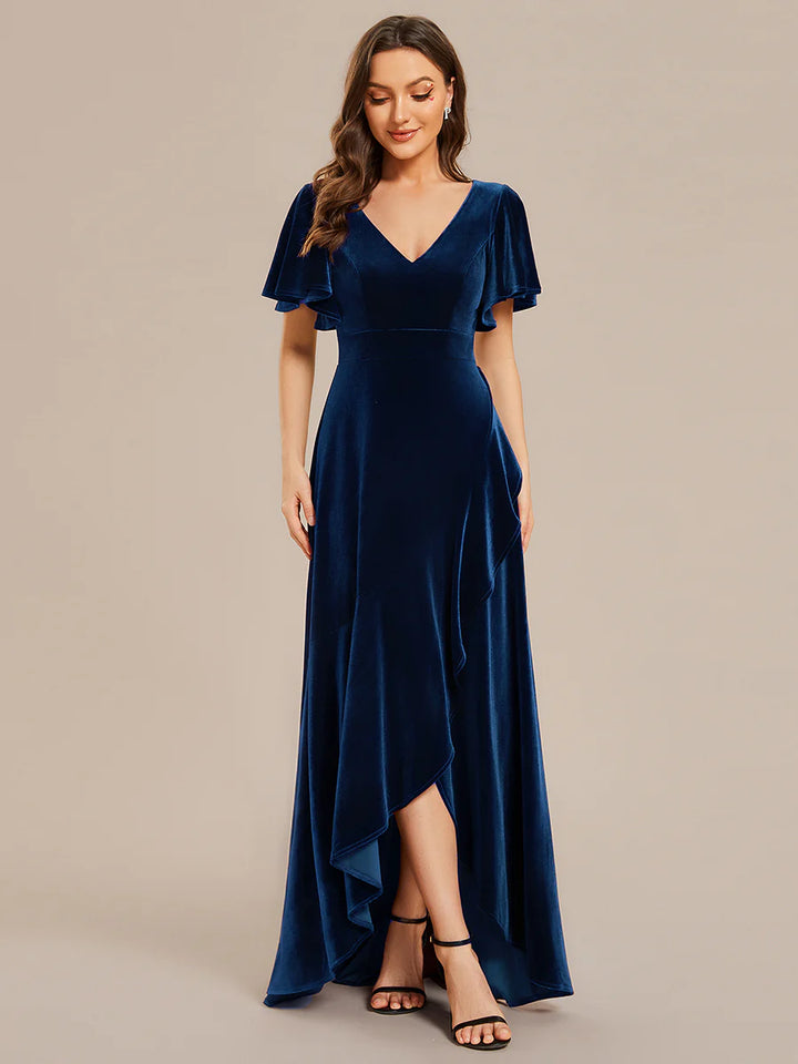 Lotus Leaf Ruffles High-low V Neck Evening Dress with Short Sleeves - CALABRO®