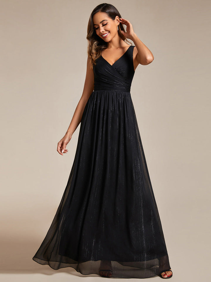 Glittery Floor Length V-Neck Sleeveless Evening Dress - CALABRO®