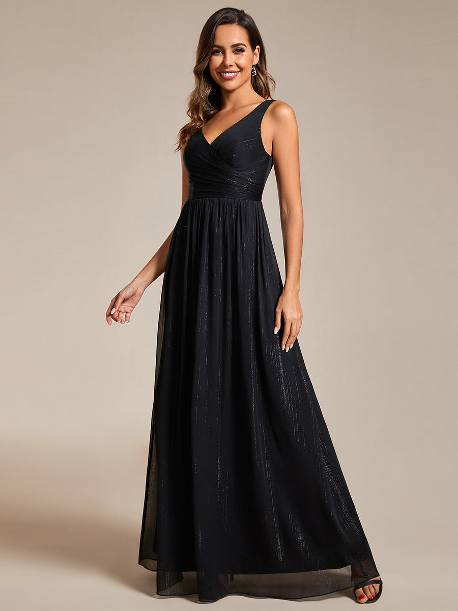 Glittery Floor Length V-Neck Sleeveless Evening Dress - CALABRO®