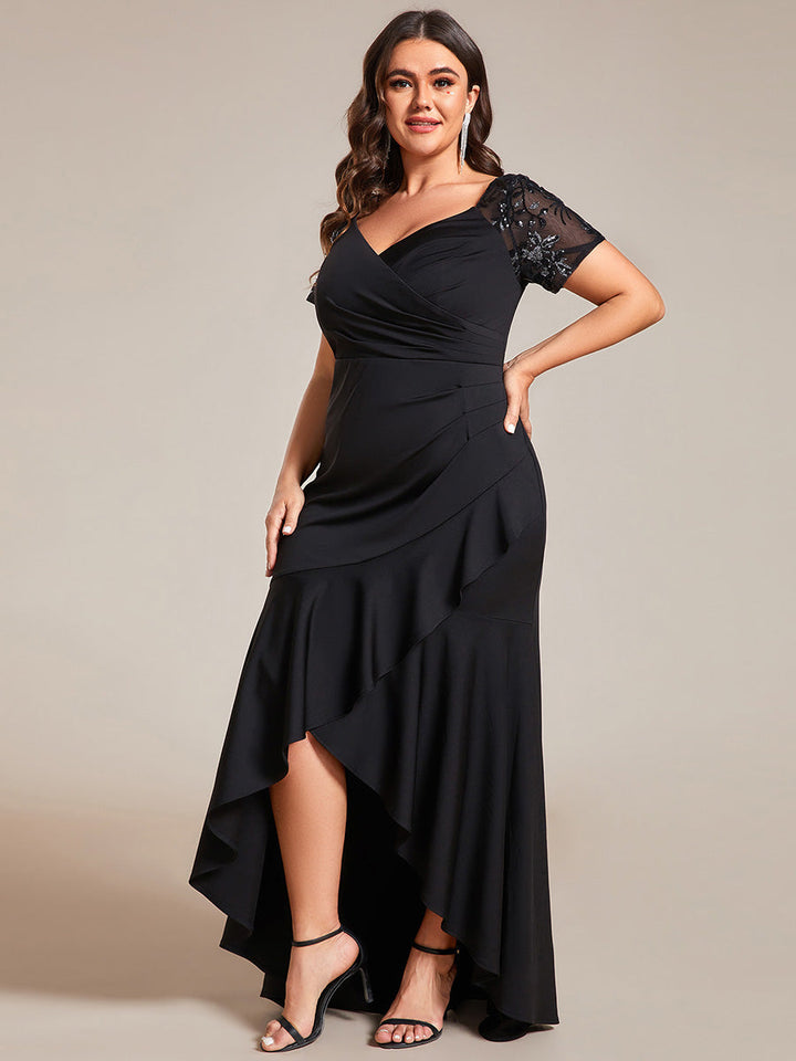 Plus Appliques High Split Fishtail Evening Dress With Short Sleeves - CALABRO®