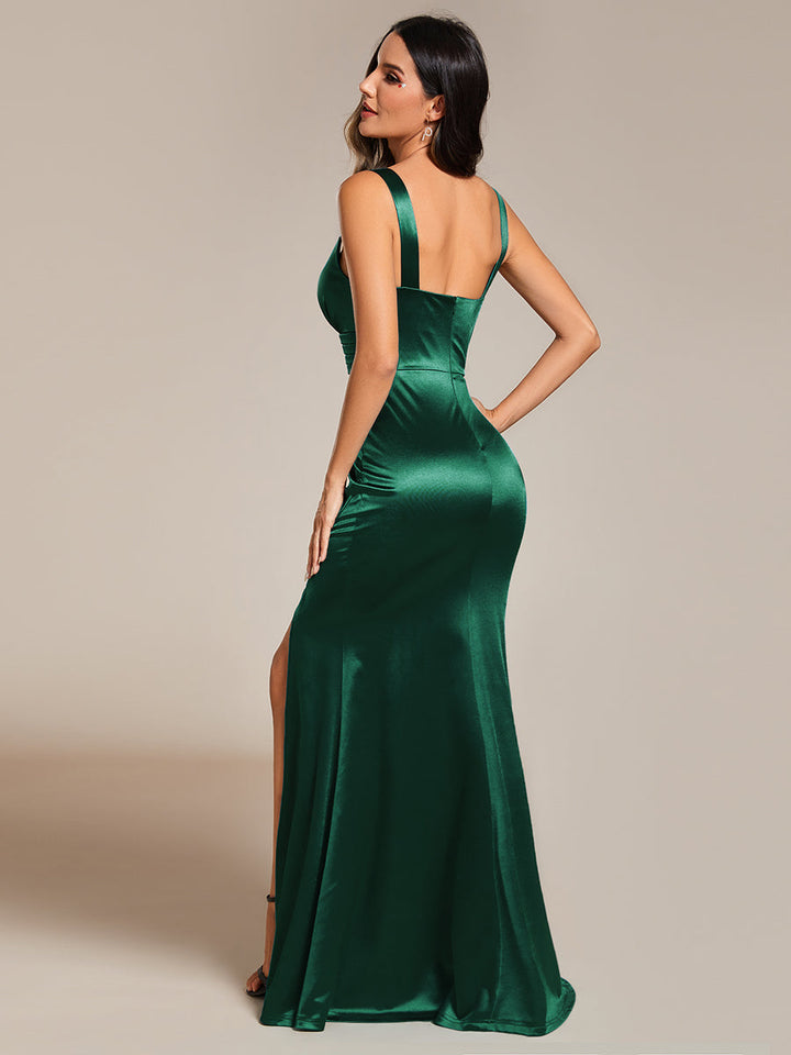 Maxi Long V-Neck Ruched Satin Evening Dress With Sleeveless - CALABRO®