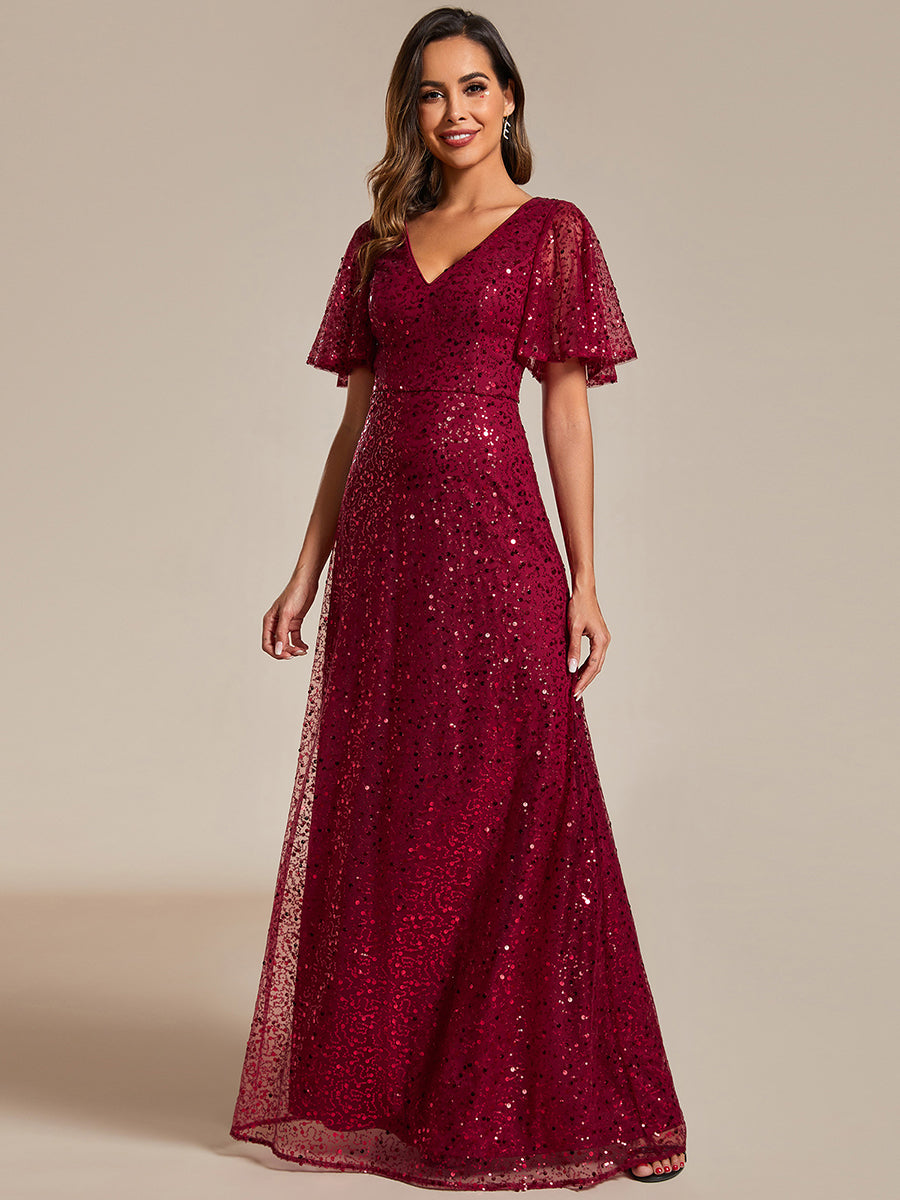 Shiny Sequin V Neck Evening Dress With Short Sleeves - CALABRO®