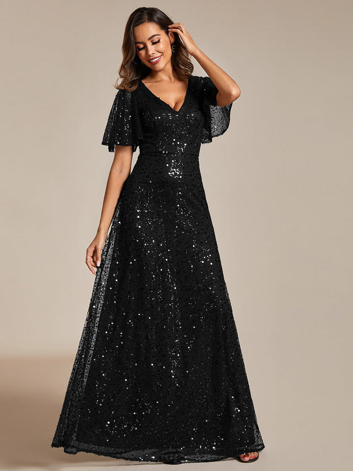 Shiny Sequin V Neck Evening Dress With Short Sleeves - CALABRO®