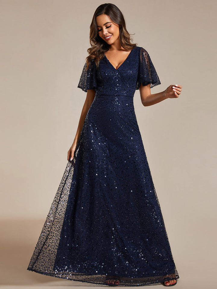 Shiny Sequin V Neck Evening Dress With Short Sleeves - CALABRO®