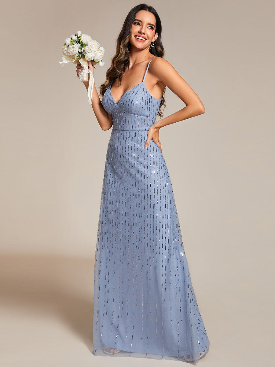 Maxi Long Tulle Sequin V Neck Spaghetti Straps Bridesmaid Dress - CALABRO®