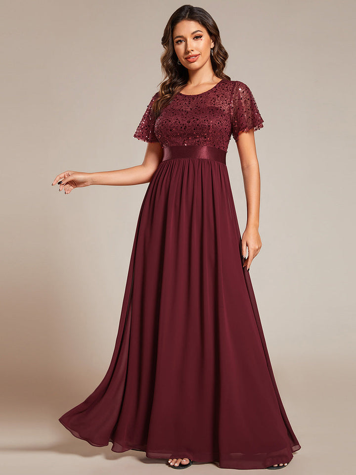 Round-Neck Sequin Chiffon High Waist Formal Evening Dress With Short Sleeves - CALABRO®