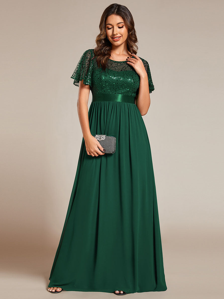 Round-Neck Sequin Chiffon High Waist Formal Evening Dress With Short Sleeves - CALABRO®