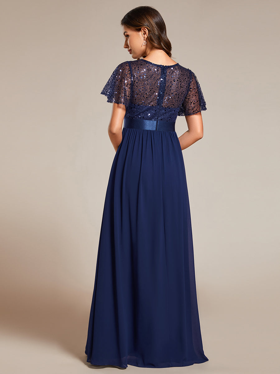 Round-Neck Sequin Chiffon High Waist Formal Evening Dress With Short Sleeves - CALABRO®