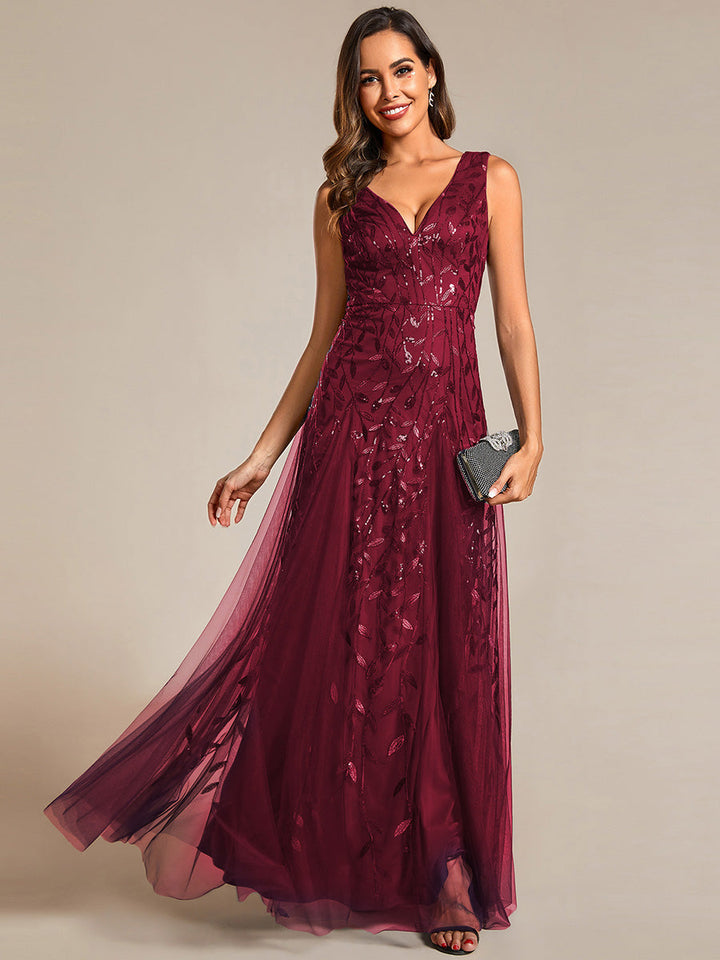 Shiny V-Neck Sequin Sleeveless Evening Dress with Tulle - CALABRO®