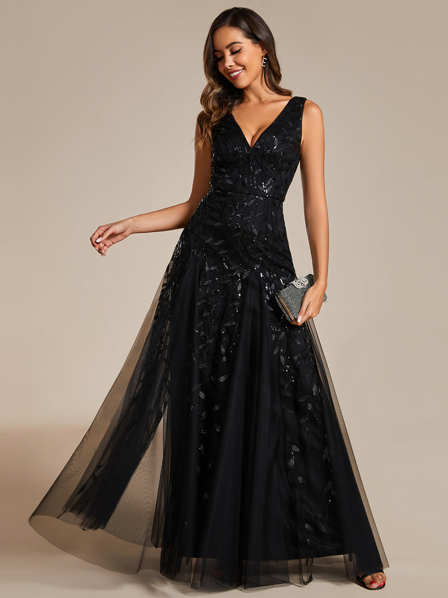 Shiny V-Neck Sequin Sleeveless Evening Dress with Tulle - CALABRO®