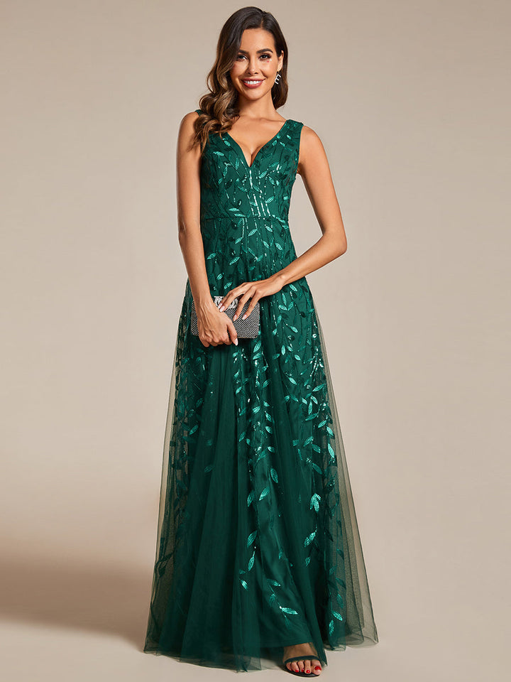 Shiny V-Neck Sequin Sleeveless Evening Dress with Tulle - CALABRO®