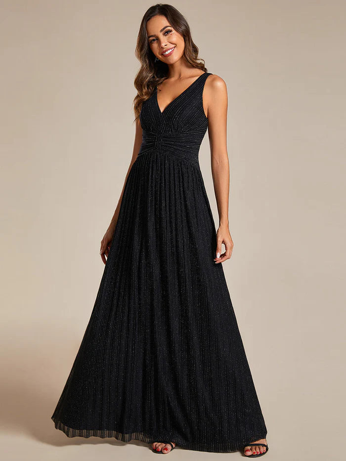 Glittery Pleated Empire Waist Sleeveless Formal Evening Dress - CALABRO®