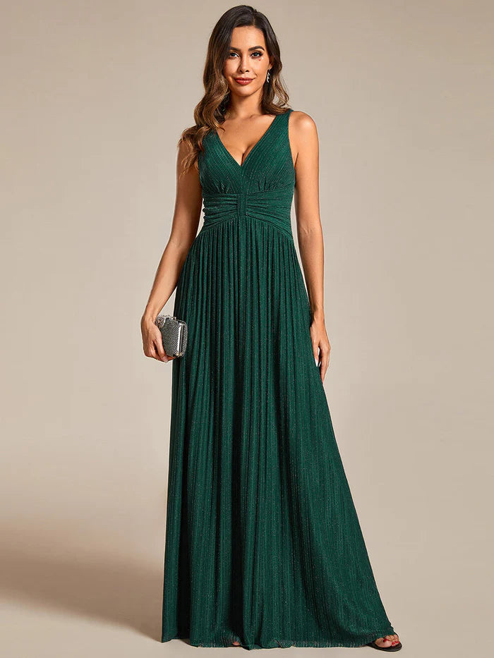 Glittery Pleated Empire Waist Sleeveless Formal Evening Dress - CALABRO®